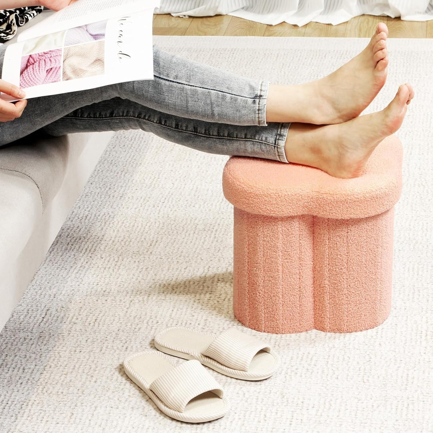 B FSOBEIIALEO Storage Ottoman Cube, Flowers Shaped Ottomans with Storage Foot Stool Footrest for Lving Room, Boucle Ottoman Seat for Dorm Room,Faux Teddy Fur, Orange 12.6"x12.6"x12.6"