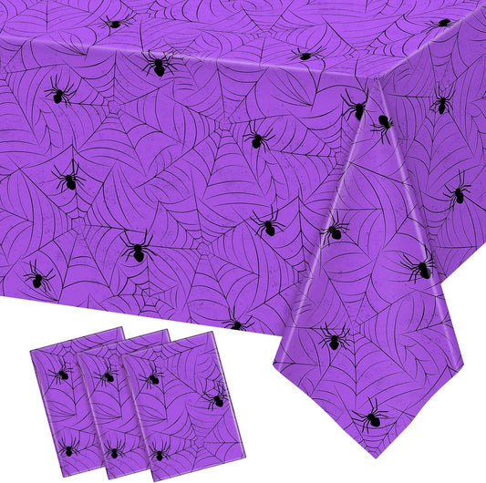 TREWAVE 3 Pack Halloween Spiderweb Tablecloth Rectangular Plastic Spider Web Table Cloth Large Size Table Covers for Home Decor Halloween Party Decorations 54" x 108" (Purple)