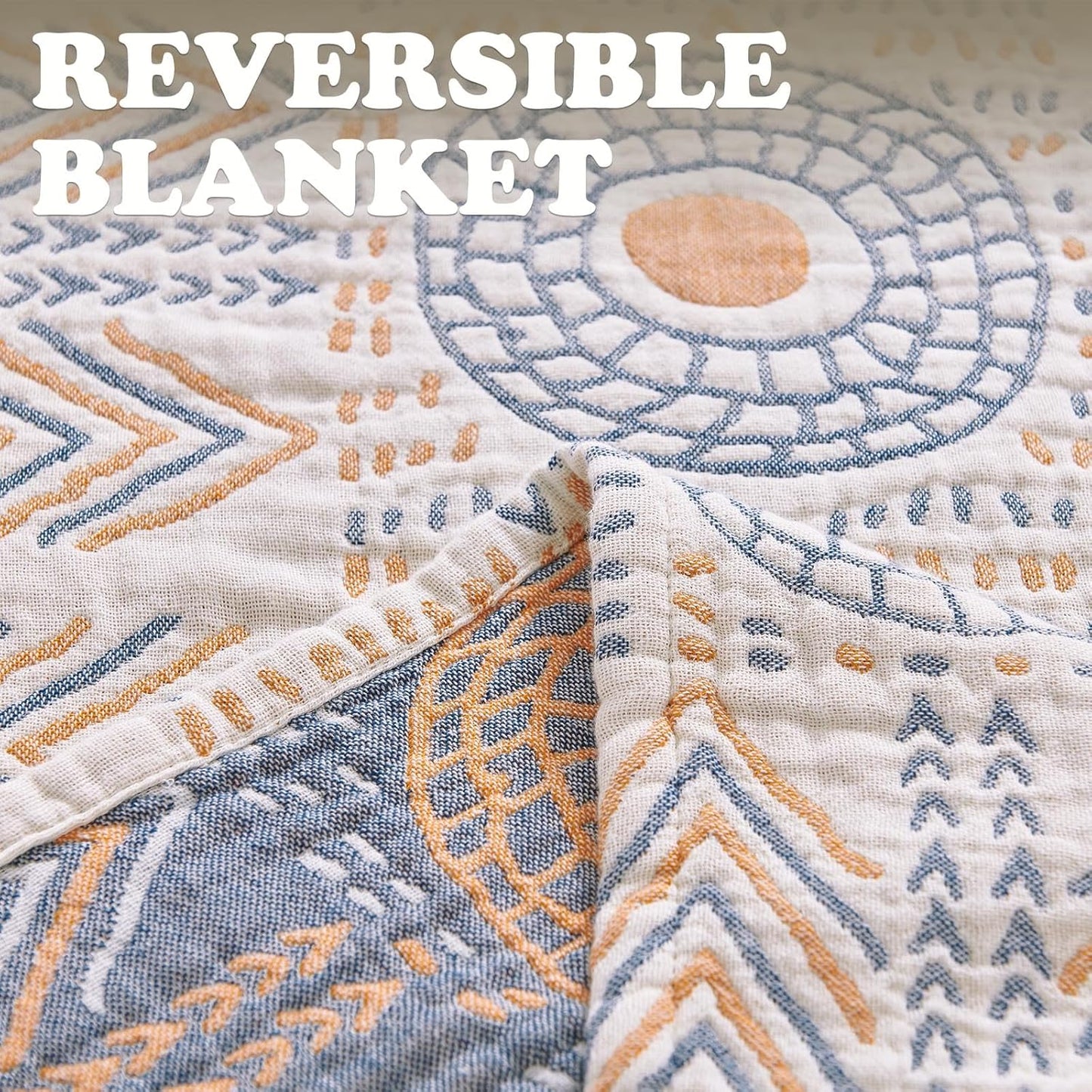 jinchan Boho 100% Cotton Muslin Queen Size 80x90 Throw Blanket Lightweight 4-Layer Orange Reversible Blanket Washable Breathable Geometric Striped Pattern Soft Comfy for Couch Bed Decor All Seasons