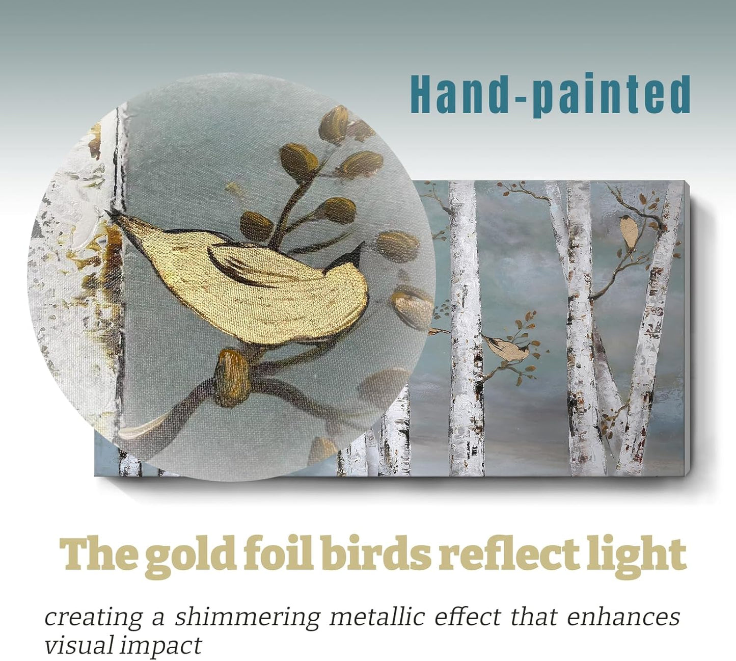 amatop Large Tree Wall Art Hand-Painted Landscape Forest Oil Painting Gallery Wrapped Framed Canvas Gold Bird Artwork 'White Birch at Night' for Living Room Bedroom Office Decor Teal White 48"x24"