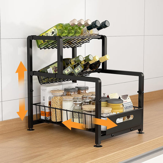 REALINN Spice Rack Organizer for Countertop, 3 Tier Pull Out Spice Rack, Height Adjustable Countertop Seasoning Organizer for Kitchen, Bathroom Storage
