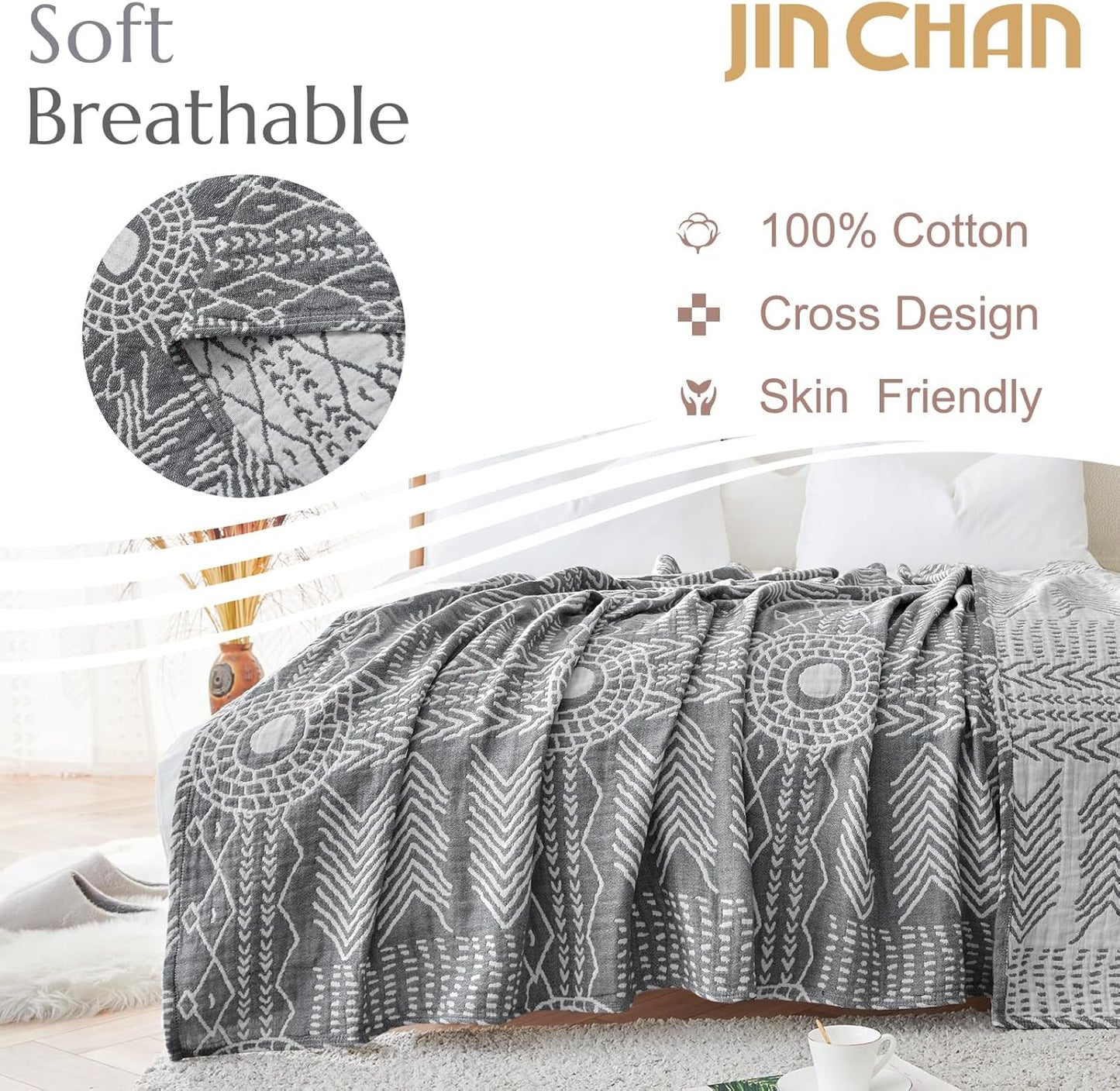 JINCHAN Boho 100% Cotton Muslin Blanket 3-Layer Twin Size Geometric Lightweight Reversible Soft Cozy Throw for Couch Sofa Bed All Season Coverlet Ideal Gift Bedroom Living Room Decor Grey 60x80 Inches