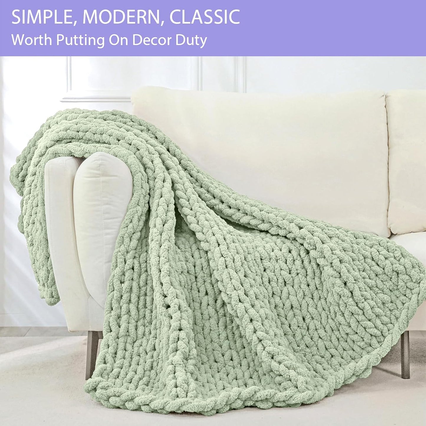 Bigacogo Chunky Knit Throw Blanket for Couch, 40x80 inches, 100% Hand Knitted with Thick Jumbo Chenille Yarn, Cozy Soft Large Rope Knot Cable Crochet Blankets for Sofa Bed Living Room, Sage Green