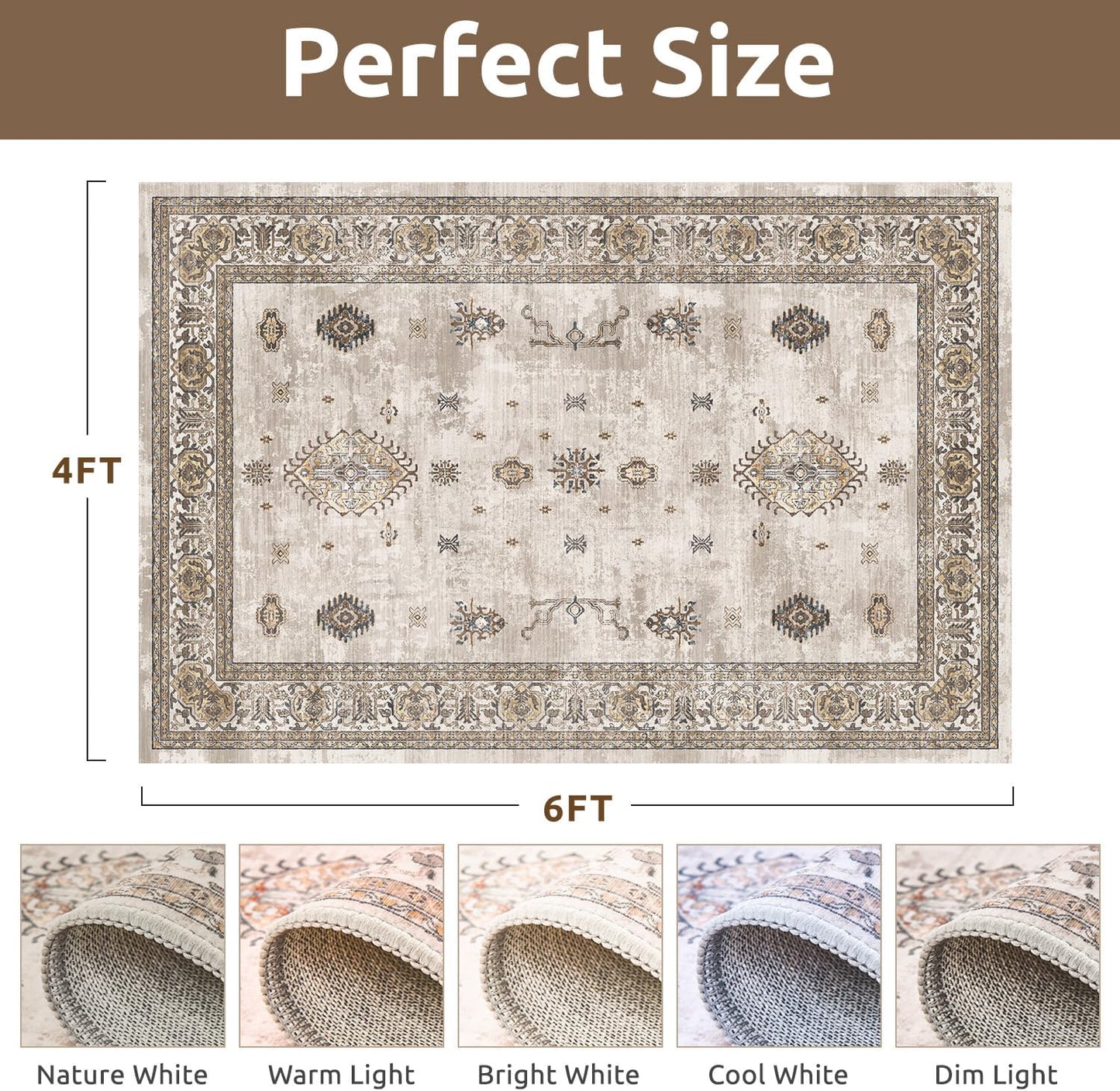 AMOAMI-Vintage Area Rug 4x6 Brown Rugs for Living Room-Soft Living Room Rug Non Slip Rugs for Bedroom Carpet Machine Washable Rug for Dining Room Bedside Office Room Decor