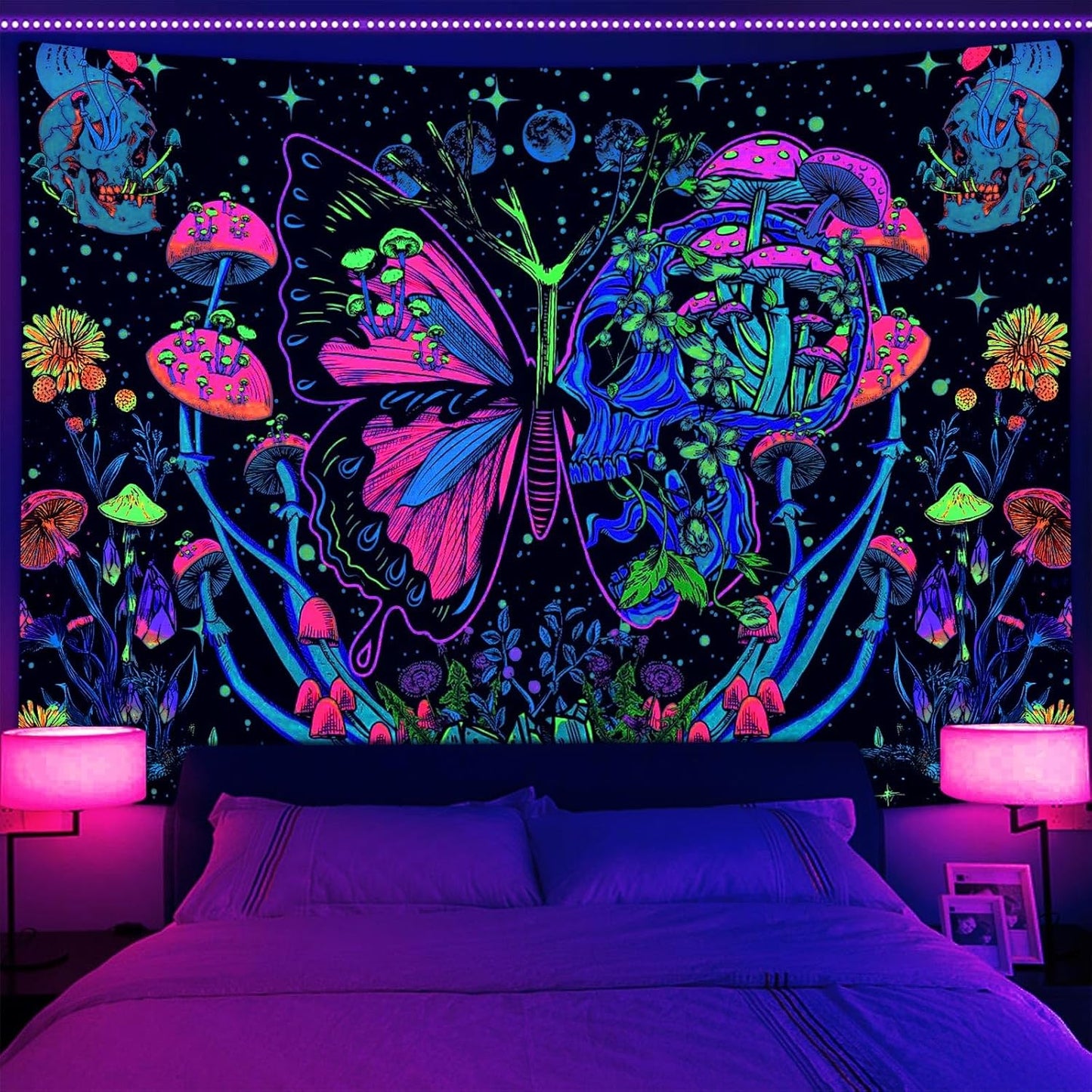 Xiaoput Blacklight Skull Butterfly Tapestry, Trippy UV Reactive Mushroom Wall Hanging Tapestries, Glow in The Dark Hippie Skeleton Aesthetic Moon Tapestry for Living Room Home Dorm Decor 40X30IN