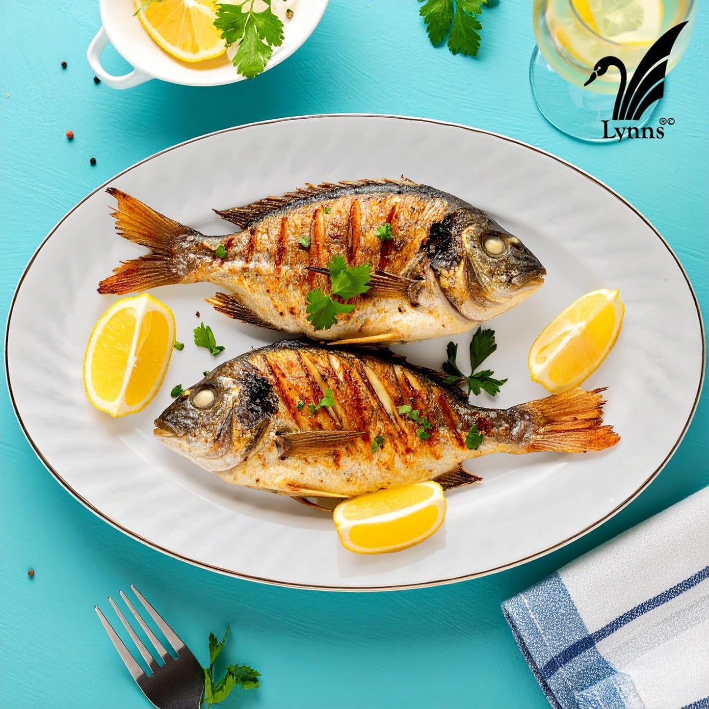 Lynns Paradise Imperial Gold 14-Inch Oval Platter, Set of 2, White; Heavy Duty; Chip Resistant; Lead and Cadmium Free; Freezer to Oven Safe up to 500°F