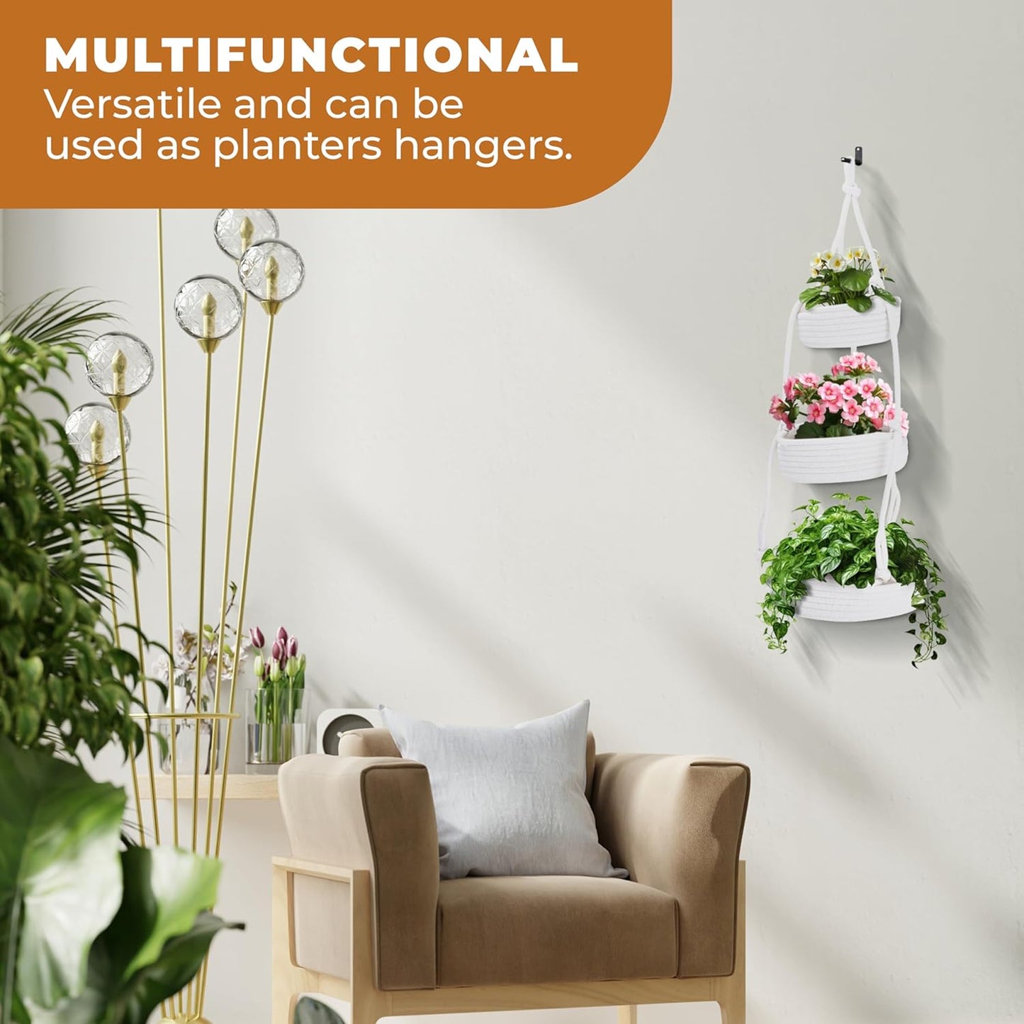 REGAL TRUNK Hanging Fruit Baskets for Kitchen - 3 tiers Fruit Baskets Hanger - Macrame Fruit Hammock - White Boho Wall Decor - Produce and Vegetable Tiered Storage Holder - 3x10x27.5 in