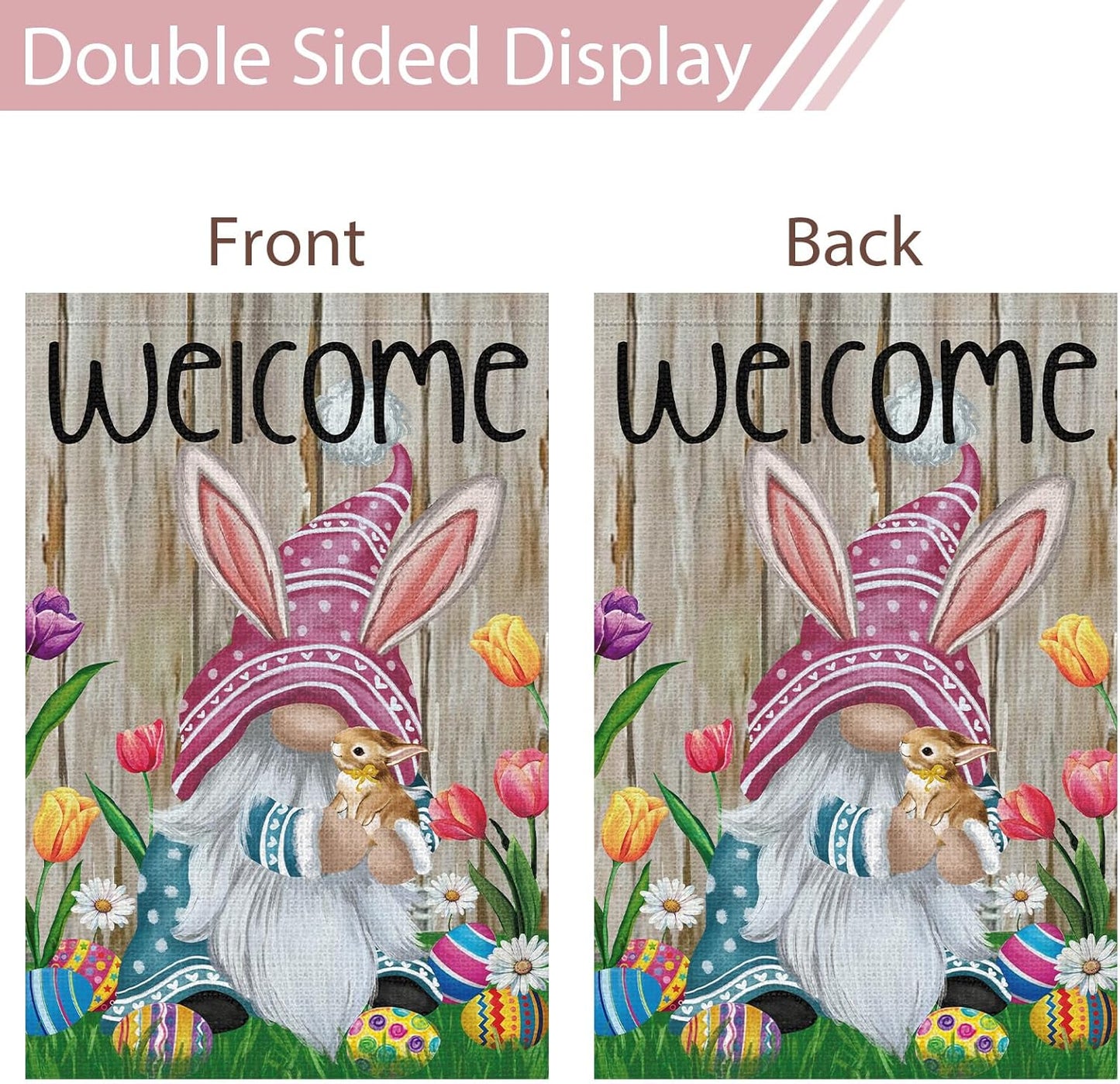 Welcome Easter Gnome Garden Flag 12x18 Double Sided Burlap, Funny Bunny Floral Small Yard Flag Banner for Holiday Farmhouse Outdoor Decor (ONLY FLAG)