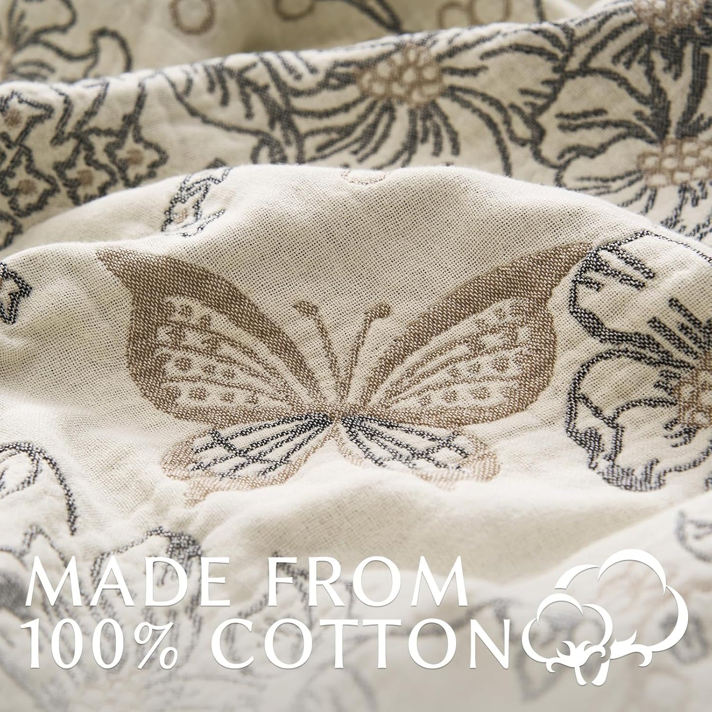jinchan Boho Floral 100% Cotton Blanket 4-Layer Throw Blanket with Tassel Grey and White Flower Butterfly Soft Luxury Rustic Farmhouse Decor Blanket for Couch Bed 80x90 inch All Season Gift for Women