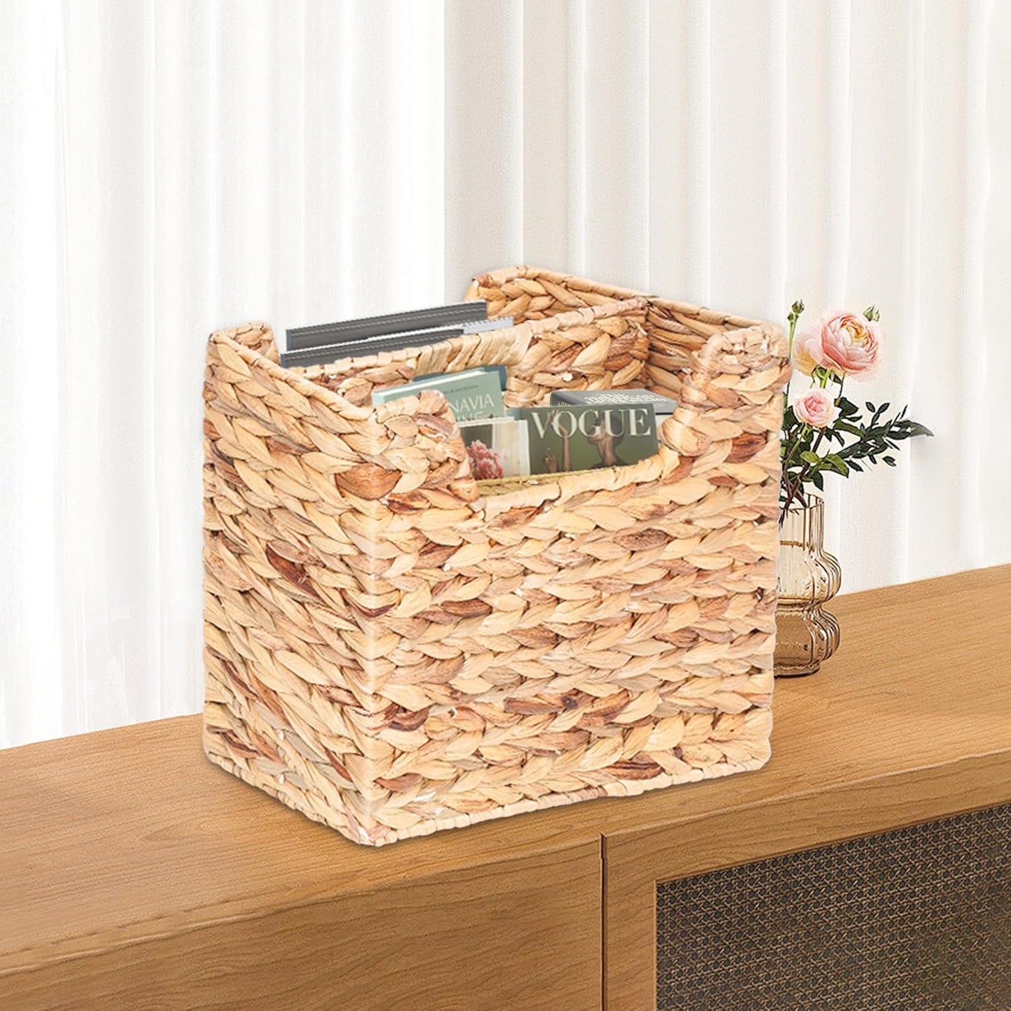 Magazines Holder - Wicker Magazine Rack, Handwoven Magazine Holders for Bathroom, Magazine Organizer for Books, Newspaper, Water Hyacinth Magazine Basket, 14.2 x 11.4 x 6.7 inch
