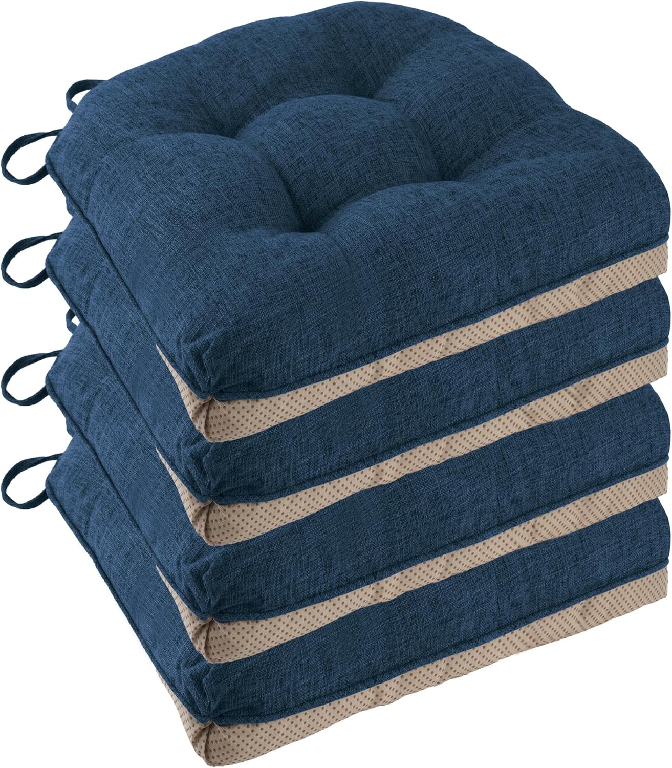 Non Slip Chair Cushions for Dining Chairs Set of 4 Kitchen Chair Cushions 18"x18"x3" Turfted Chair Pads Comfortable and Soft Seat Cushion with Ties, Navy
