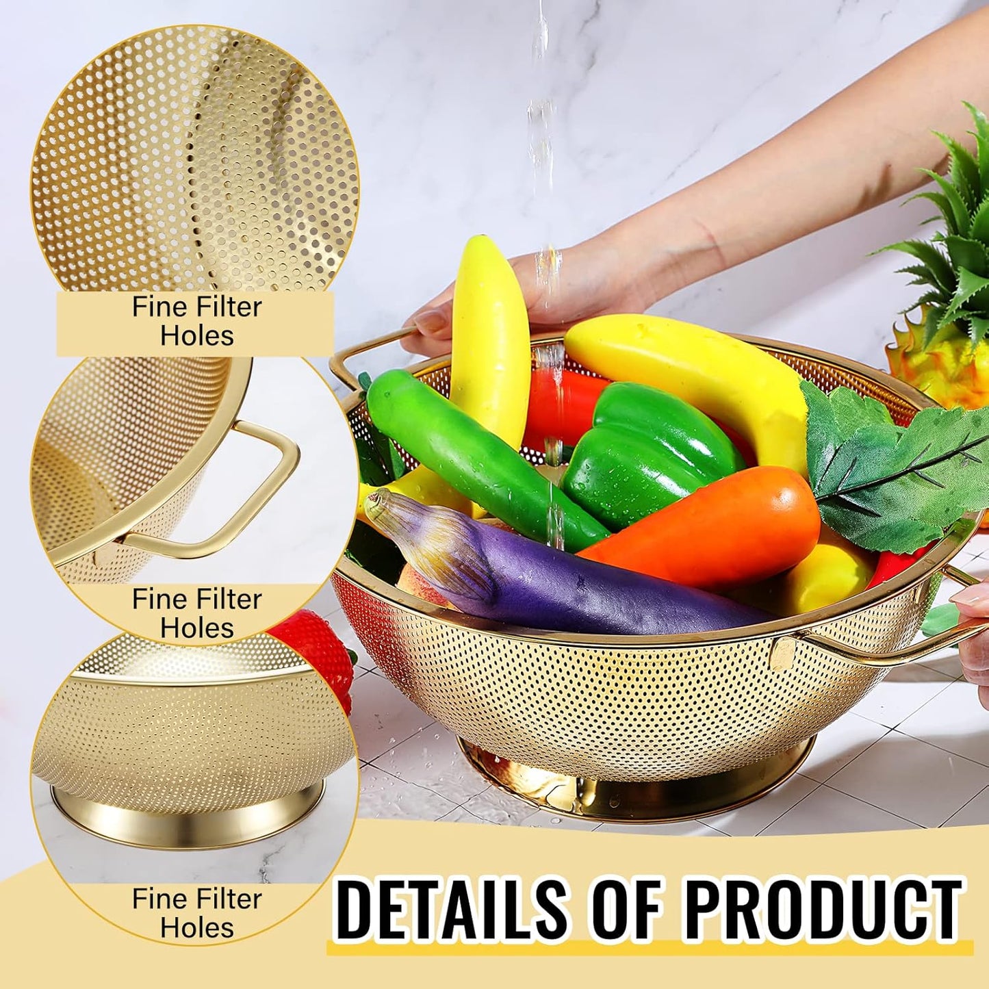 Norme 5 Quart Stainless Steel Gold Colander and 3 Pcs Gold Fine Mesh Strainer, Stainless Steel Pasta Rice Food Metal Strainer with Handles, Easy Clean and Dishwasher Safe