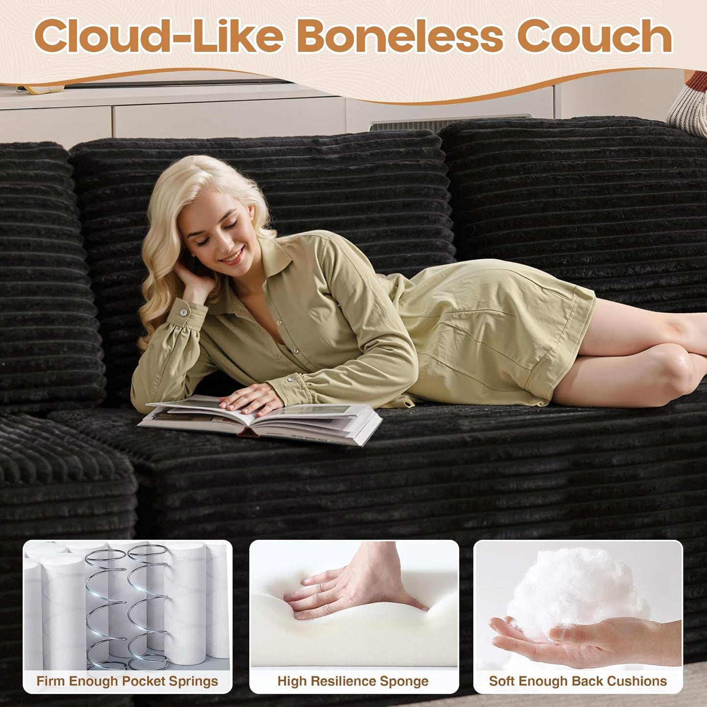 Cloud Sectional Couches for Living Room,U Shaped Modular Sofas No Assembly,135x107 Inches Plush Corduroy Oversized Floor Couch Set with Deep Seat Chaise,Black