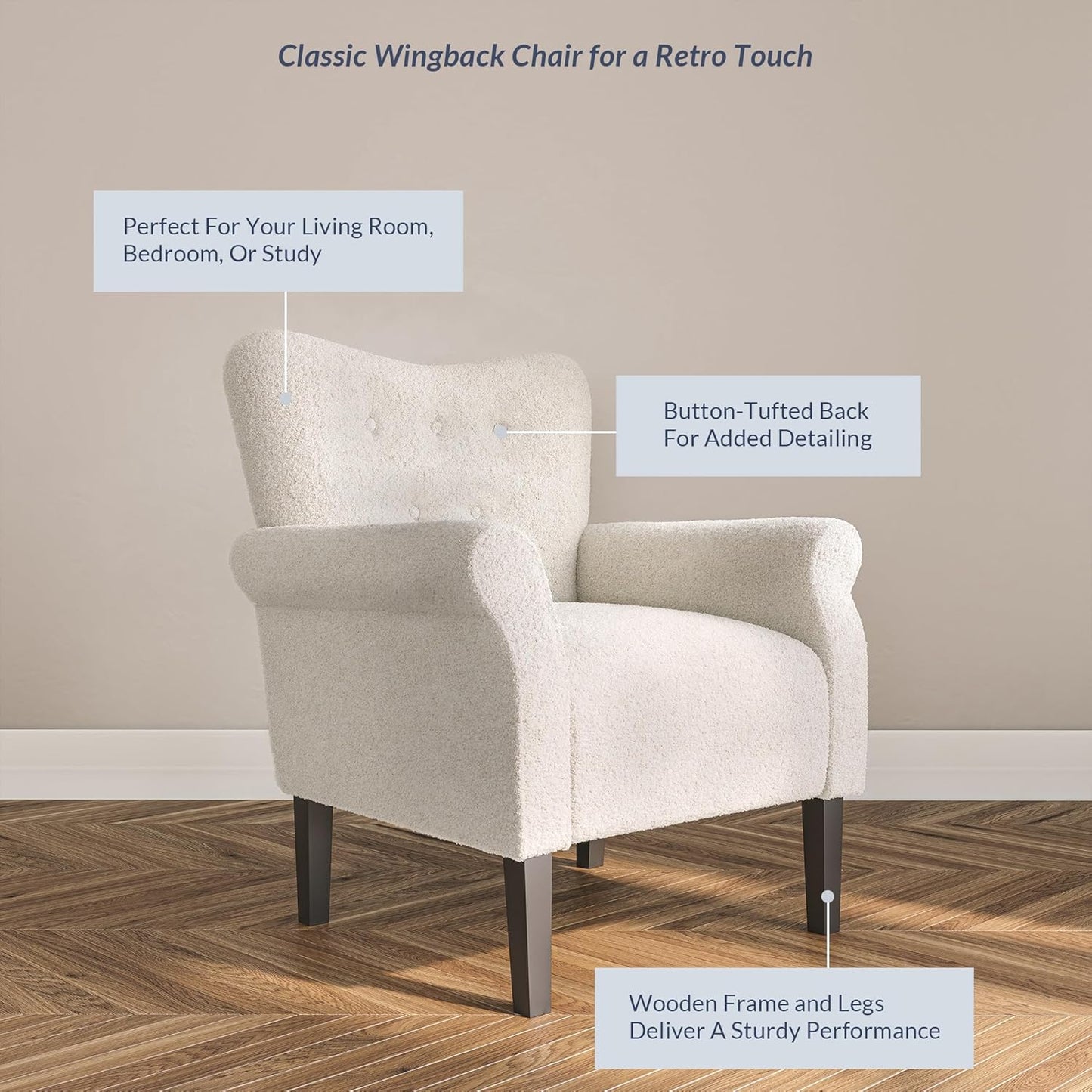 BELLEZE Modern Accent Chair for Living Room, High Back Polyester Armchair with Wooden Legs, Upholstered Wingback Side Chair Padded Armrest Single Sofa for Living Room, Bedroom - Allston (White)