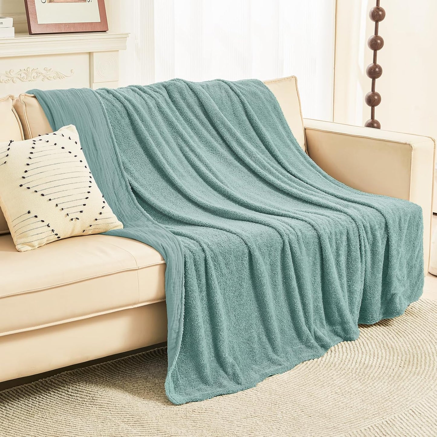EMME Muslin and Fleece Twin Blanket Reversible - 60"*80" Teal Soft Warm Throw Blankets for Couch Bed Picnic Travel Bed