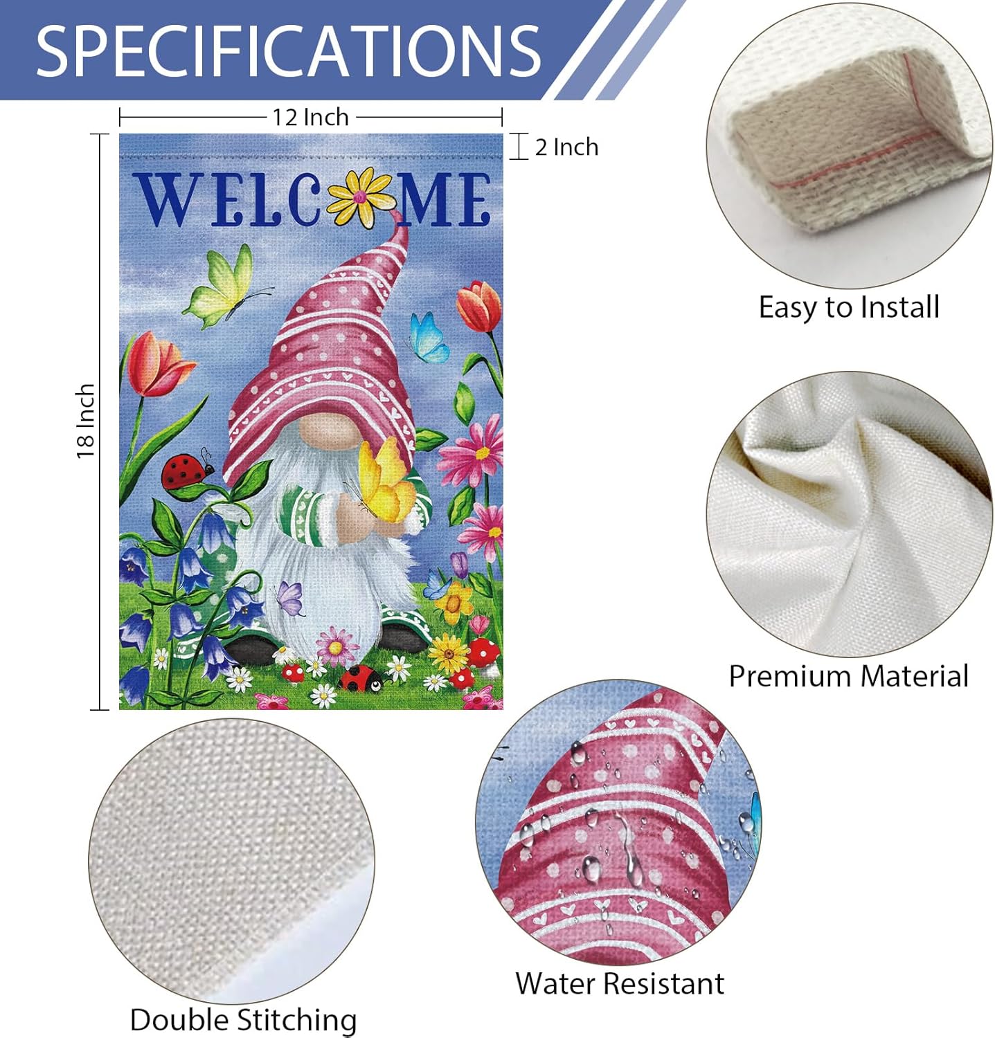 Welcome Spring Gnome Garden Flag 12x18 Double Sided Burlap Butterfly Floral Garden Yard Flags for Spring Summer Rustic Seasonal Outside Outdoor House Decoration (ONLY FLAG)