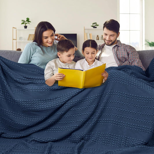 PHF 100% Cotton Waffle Blanket Oversized King 120"x120", Lightweight Breathable Extra Large 10'x10' Summer Blankets for Bed, Giant Big Luxury Aesthetic Woven Bedding for Home Decor, Bright Navy Blue