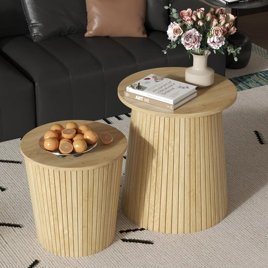 Round Coffee Table Set,2-Piece Modern Farmhouse Living Room End Table Set, Nesting Table Round Natural Finish for Living Room (Wood, 17.72'')