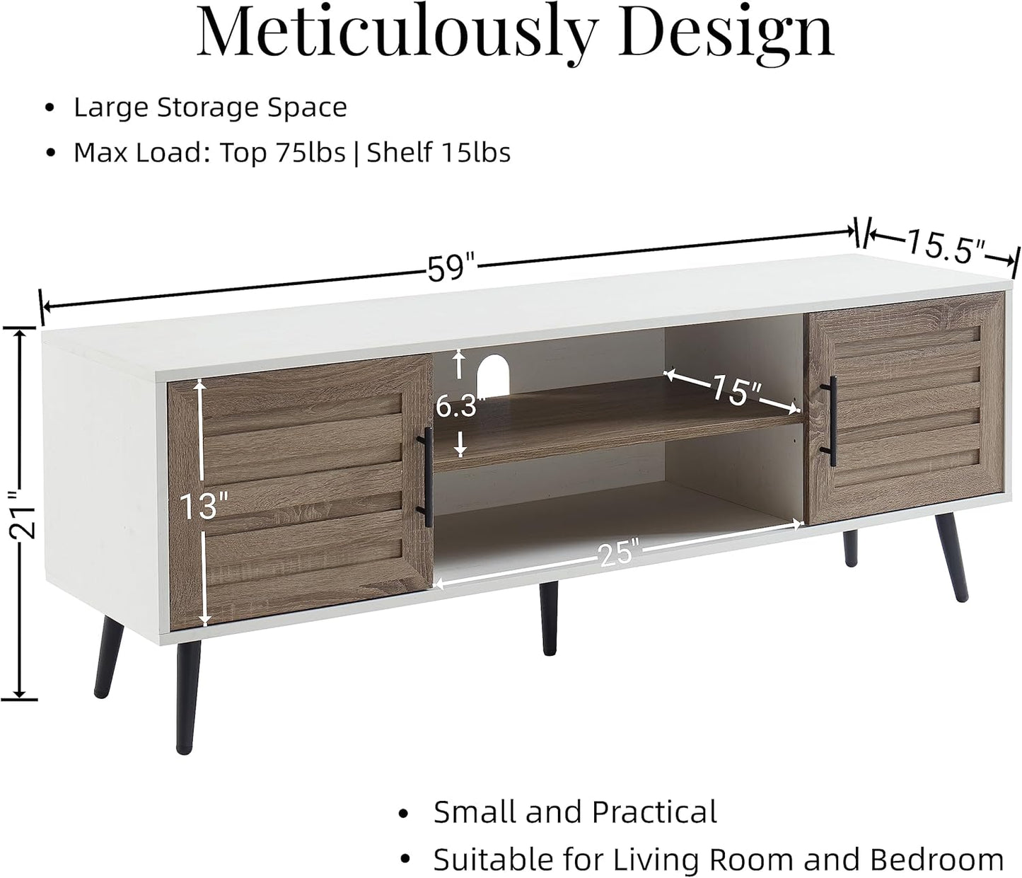Mid Century Wooden TV Stand with Open Shelf and 2 Storage Cabinets for TVs up to 65 Inches,White Walnut Modern Entertainment Center TV Console for Living Room,Bedroom.