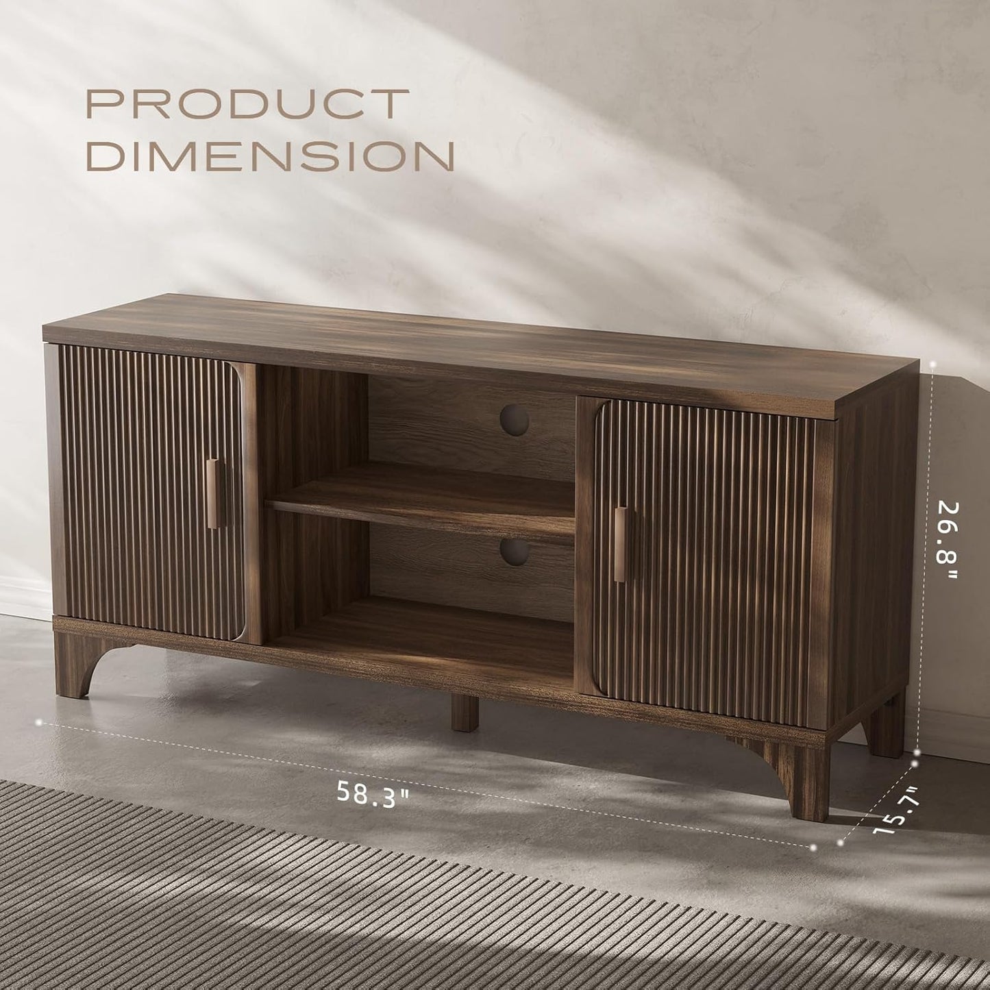 Tall Mid Century Modern TV Stand for 55/65 Inches Television, TV Console with Fluted Doors and Storage, Entertainment Center for Living Room and Bedroom, Dark Brown