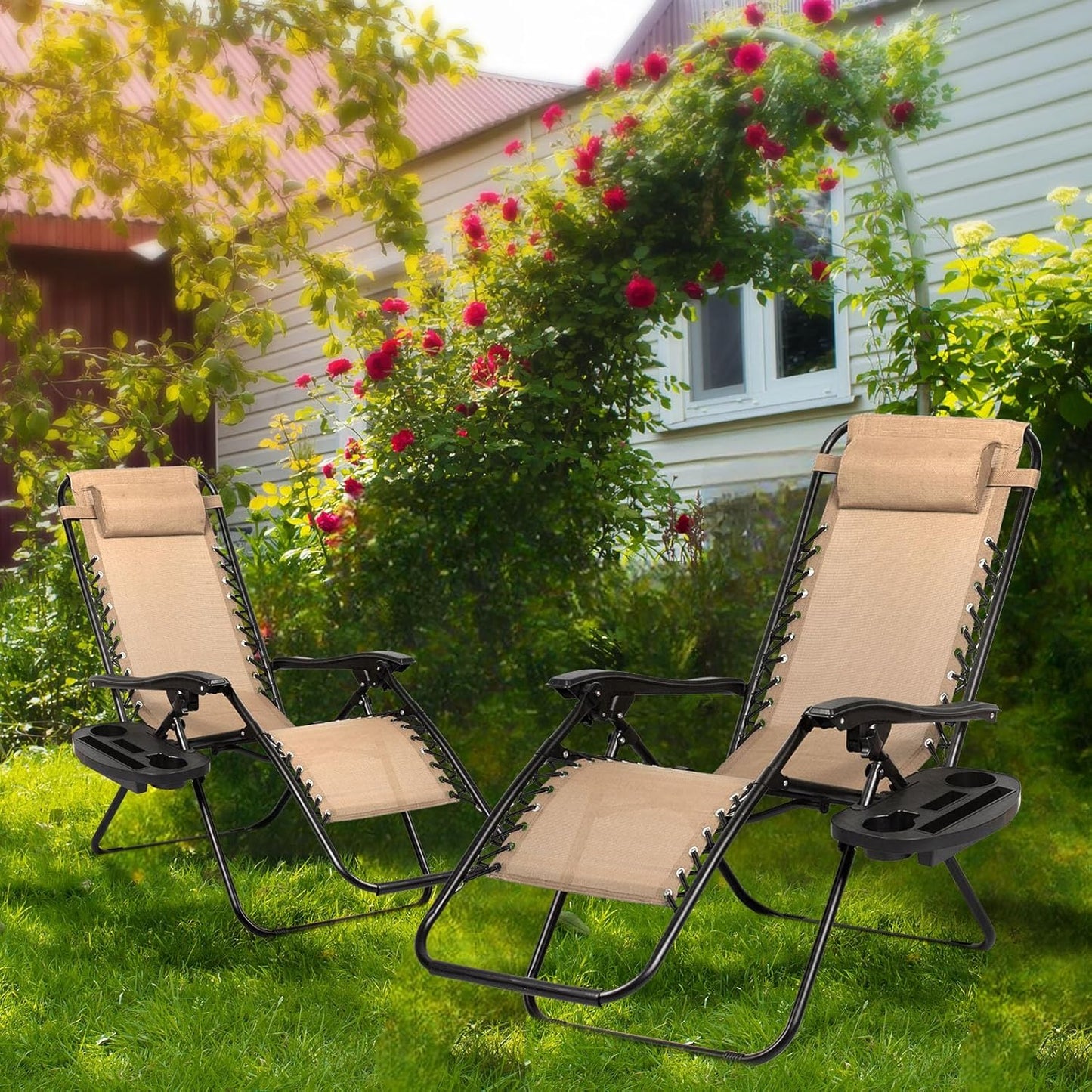 Nazhura Set of 2 Relaxing Recliners Patio Chairs Adjustable Steel Mesh Zero Gravity Lounge Chair Beach Chairs with Pillow and Cup Holder Khaki (Kahki)