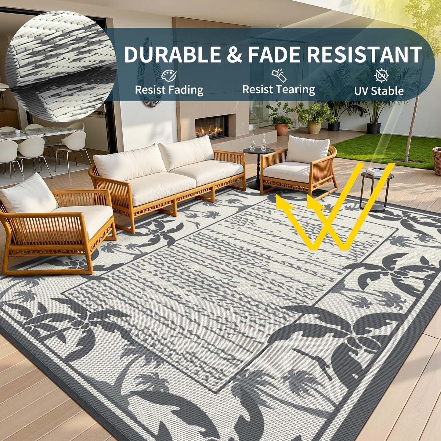 COCOER Outdoor-Rug 6x9 ft Waterproof Reversible Outdoor Plastic Straw Rug RV Indoor Outdoor Carpet Quick Dry Patio Rug Camping Mat for Balcony Backyard Picnic Beach-Grey&Beige