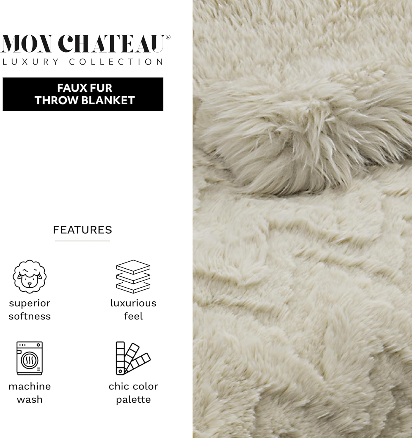 Mon Chateau Premium Reversible Queen Size Luxury Faux Fur Throw for Couch, Sofa, or Queen Size Bed - Plush Cozy Soft Blanket for Sleeping or Home Décor, 60" x 70" (Beige Jacquard)
