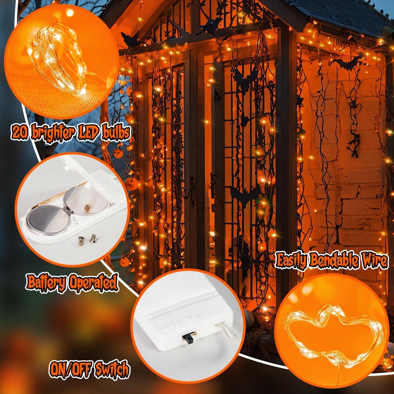 TingMiao Halloween Orange Fairy Lights Battery Operate,7.2ft 20 LEDs String Lights Silver Copper Wire for Hallowen Christmas DIY Decoration Wedding Party (6 Pack)