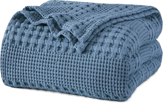PHF 100% Cotton Waffle Weave Blanket King Size, Soft Lightweight Breathable Cozy Summer Blankets for Bed, Luxury Aesthetic Woven Bedding for Home Decor, 108"x90", Captain's Blue