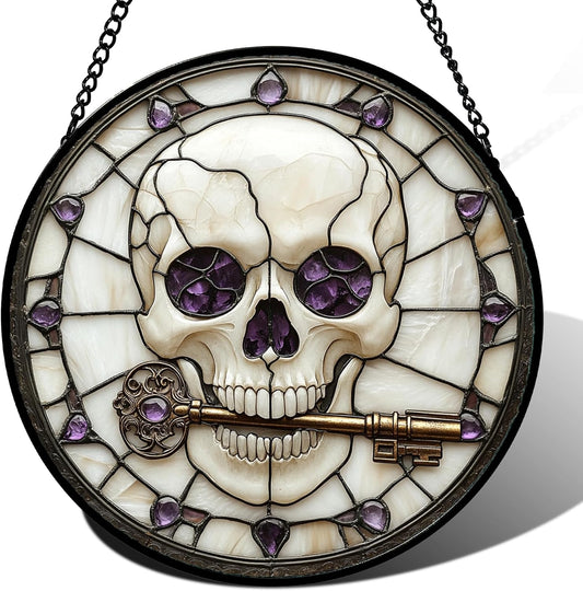 Stained Glass Window Hanging - Halloween Scary Skull Suncatcher for Doors Garden Home Spooky Purple Skeleton Key Sun Catchers Gothic Decor Horror Gifts for Women Men Friend Boy Girl 11.8 in