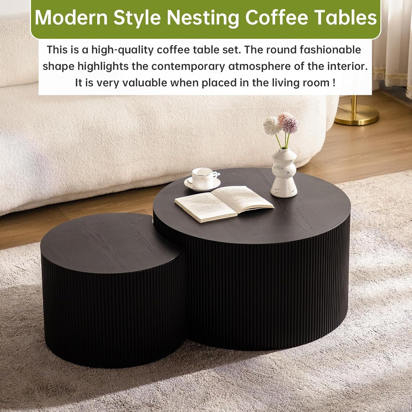 Round Nesting Coffee Table Modern Black Fluted Coffee Table Set of 2 for Living Room Circle Drum Coffee Tables Round Nesting Tables Crescent Side Accent End Table for Small Space (Black A 27in)