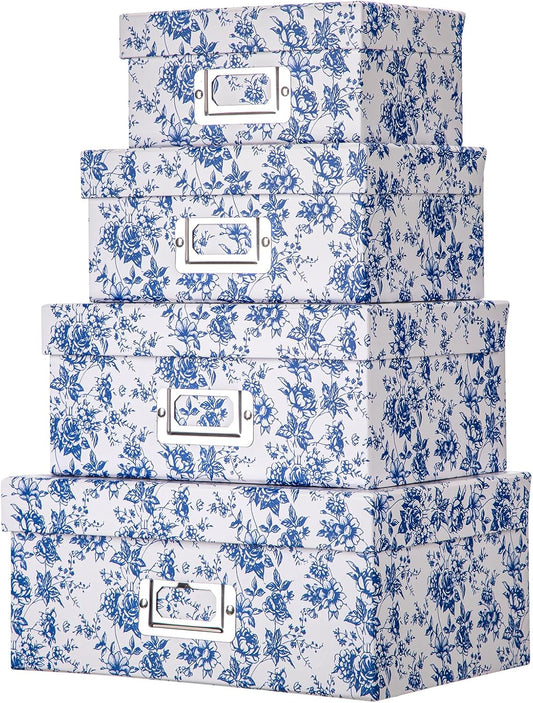 Briful Blue and white Porcelain Storage Boxes, Photos Storage Boxes with Lids 4 in 1 Set Water-proof Gift Boxes Sets Decorative Multiple Size Storage Bins for Clothes/Shoes/Office/Cosmetic/Books