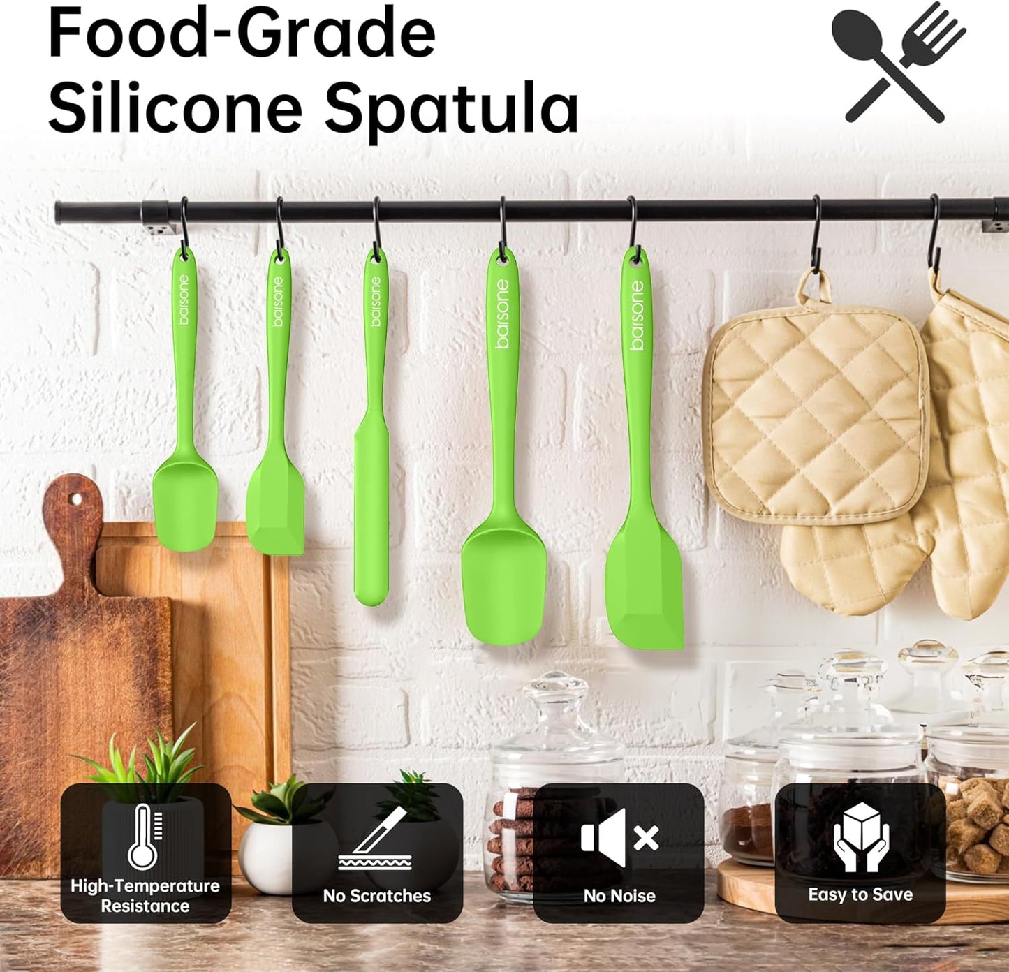 Barsone 5-Piece Silicone Spatula Set（ Heat Resistant 446°F Food Grade BPA Free, Nonstick Cookware Safe Dishwasher Safe Kitchen Tools for Baking, Cooking, Stirring, Green）