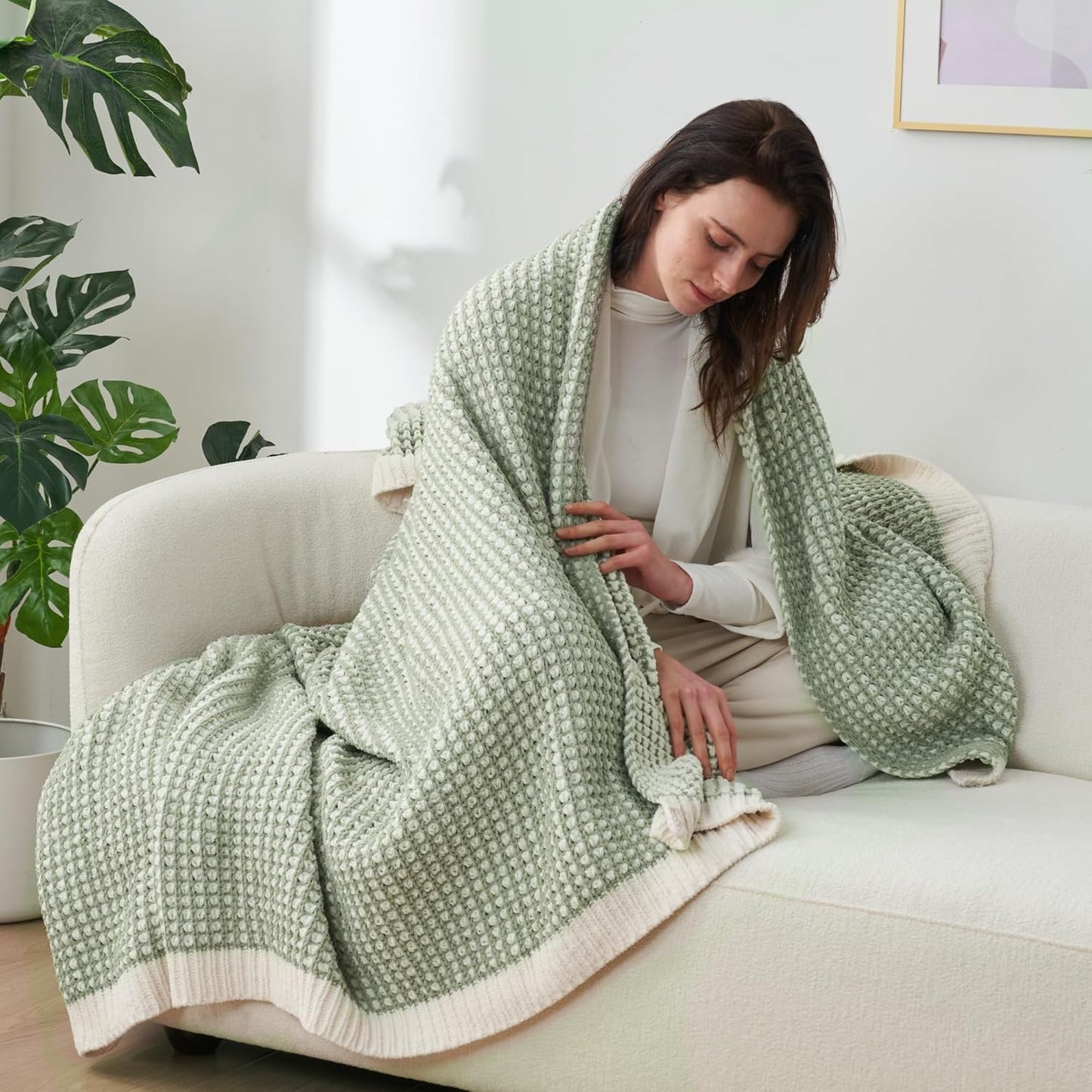 Amélie Home Chenille Waffle Throw Blanket for Couch, Reversible Pineapple Stitch Knit Soft Cozy Knit Blanket Lightweight Warm Decorative Throw for Sofa, Bed, Living Room, 60 * 80", Sage Green&Ivory