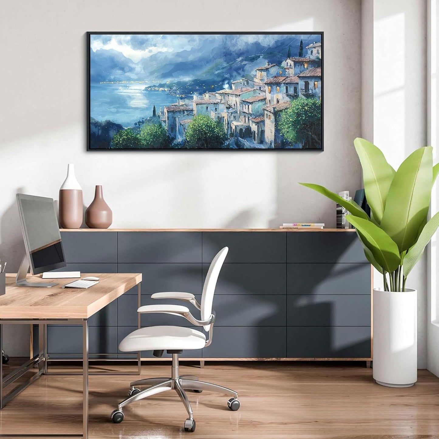 JEAWA Framed Canvas Wall Art - 20x40 IN Landscape Painting Decor Ready to Hang, Gray Blue Town Picture, Lights of Thousands homes Art Prints for Bedroom Bathroom Home Decoration