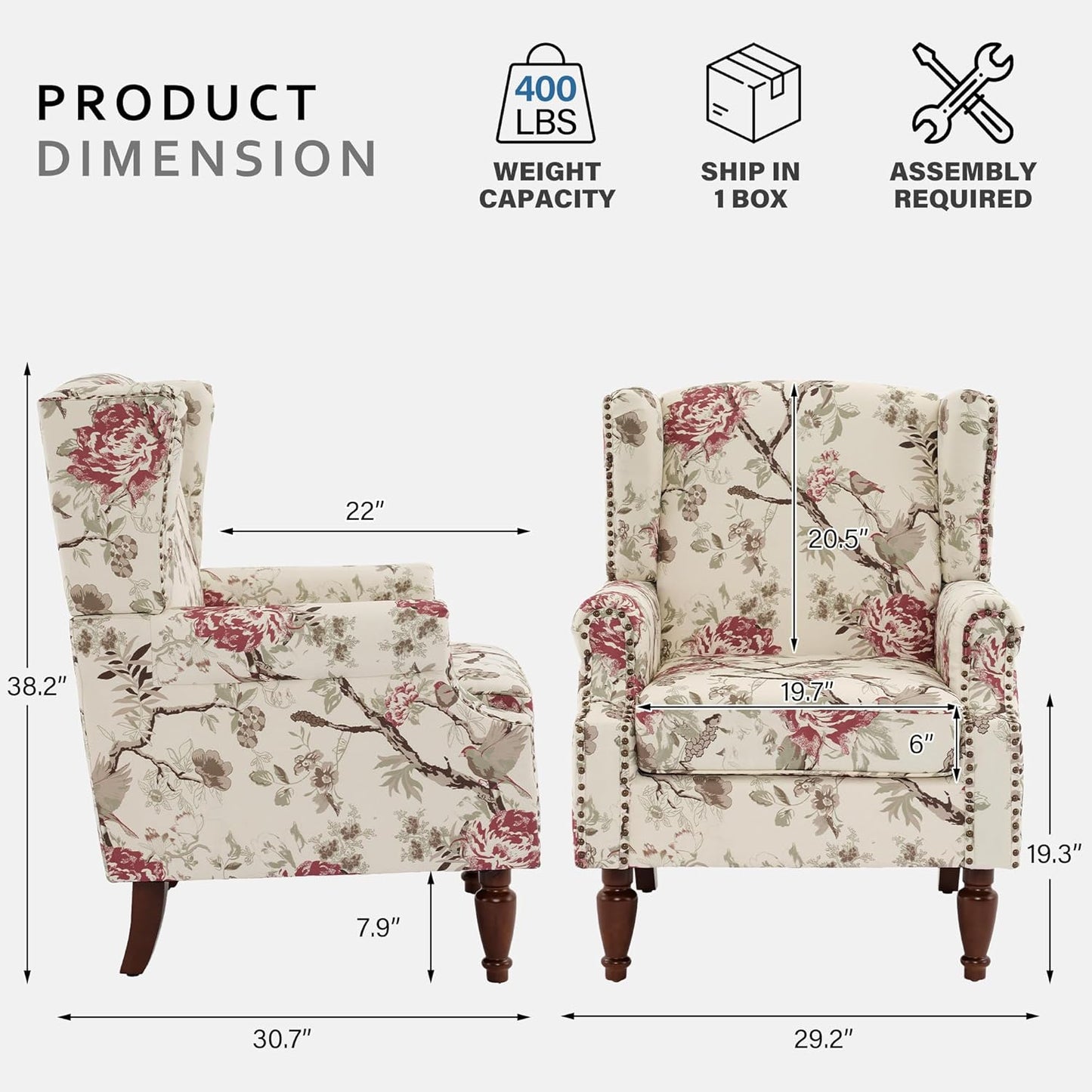 Lumibee Wingback Accent Chair, 2 Set High Back Floral Armchairs in Fabric,Comfy Upholstered Reading Single Sofa Chairs with Solid Wood Legs for Living Room,Bedroom,Office-Floral Beige