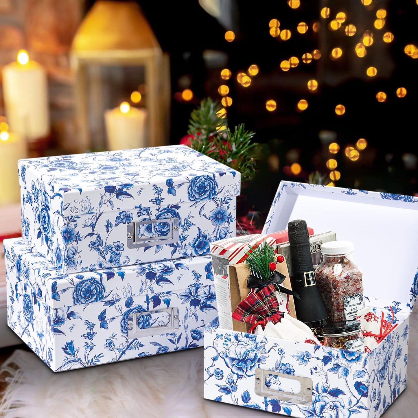 Briful Decorative Photo Storage Boxes with Lids, Set of 4 – Blue and White Porcelain Pattern, Nested Card Storage Box Organizer, Decorative Paperboard Box for Closet, Office, Gifts