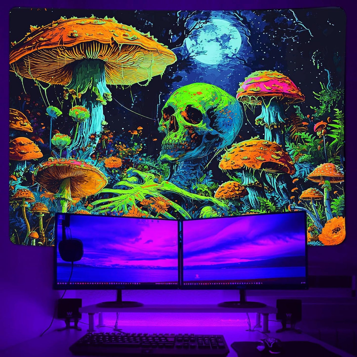 Xiaoput Blacklight Skull Wall Art, UV Reactive Neon Gothic Tapestry for Men, Glow in Dark Trippy Forest Wall Hanging for Home Decor, 90x70IN