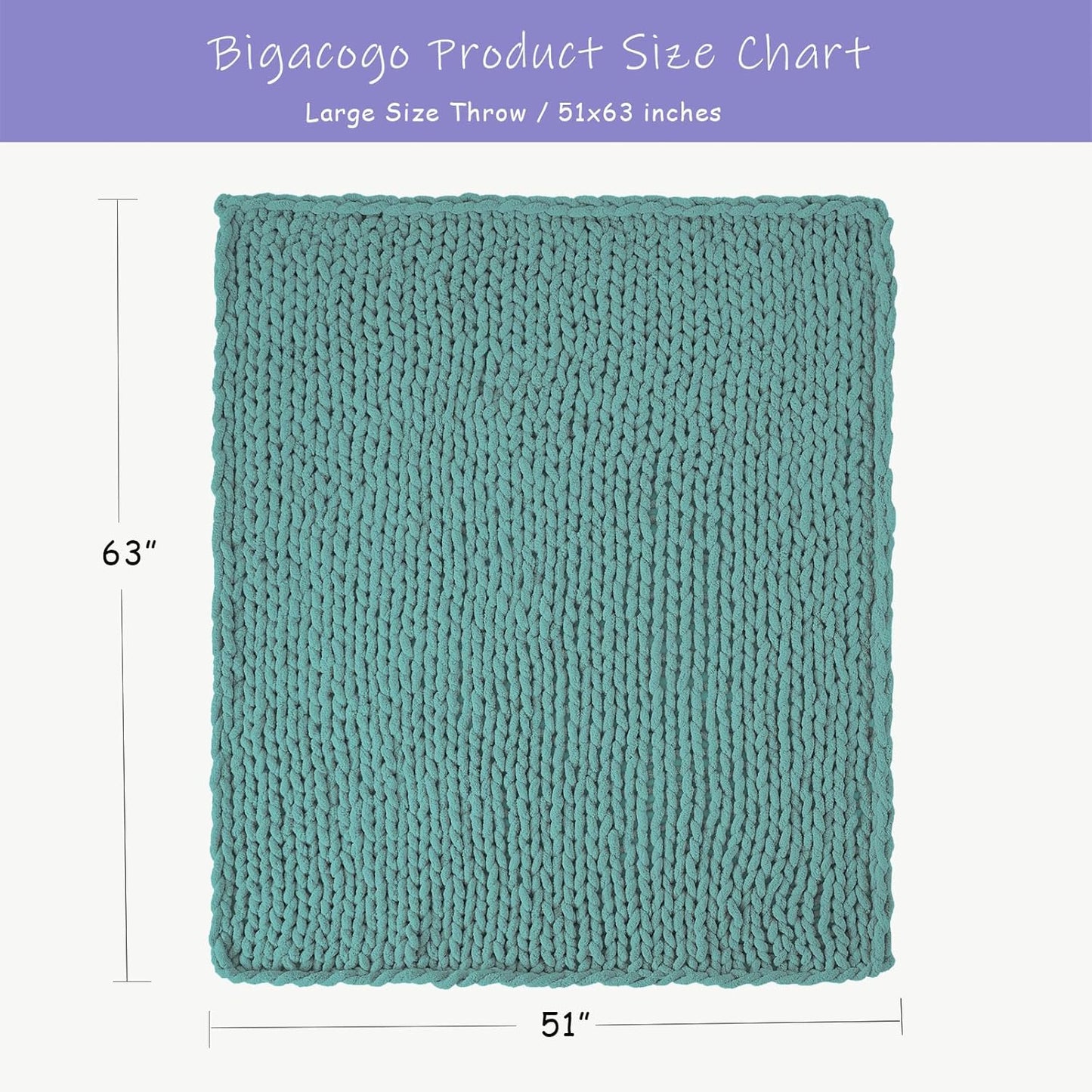 Bigacogo Chunky Knit Throw Blanket for Couch, 51x63 inches, 100% Hand Knitted with Thick Jumbo Chenille Yarn, Cozy Soft Large Rope Knot Cable Crochet Blankets for Sofa Bed Living Room, Light Teal