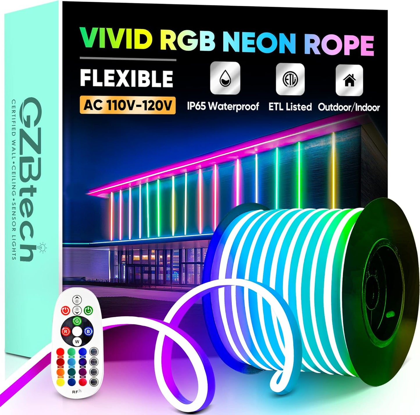 GZBtech RGB LED Neon Rope Lights 100FT/30M, AC 110-120V Waterproof Color Changing LED Rope with Remote Controller, Dimmable Multi Color Neon Rope Lighting for Indoor Outdoor Commercial Use