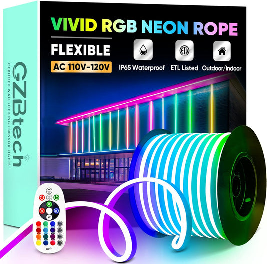 GZBtech RGB LED Neon Rope Lights 100FT/30M, AC 110-120V Waterproof Color Changing LED Rope with Remote Controller, Dimmable Multi Color Neon Rope Lighting for Indoor Outdoor Commercial Use