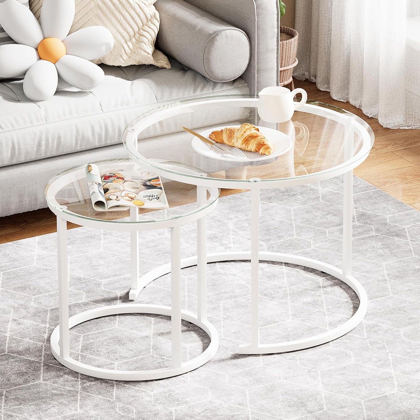 aboxoo White Nesting Glass Table Set of 2, Small Glass Round Nesting Tables for Living Room Bedroom, Accent Tea Table with Metal Frame Modern Industrial Simple