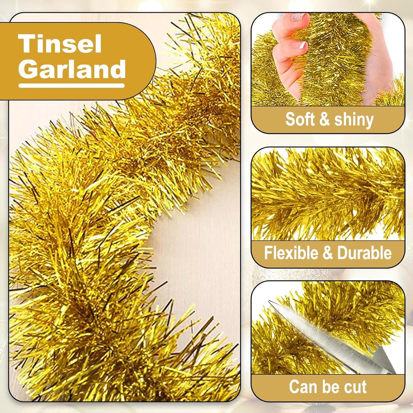 50 Feet Christmas Tinsel Garland, Metallic Twist Wall Hanging Backdrop for Parade Floats, Christmas Eve, New Year Party Decorations (Gold, 2in x 50ft)