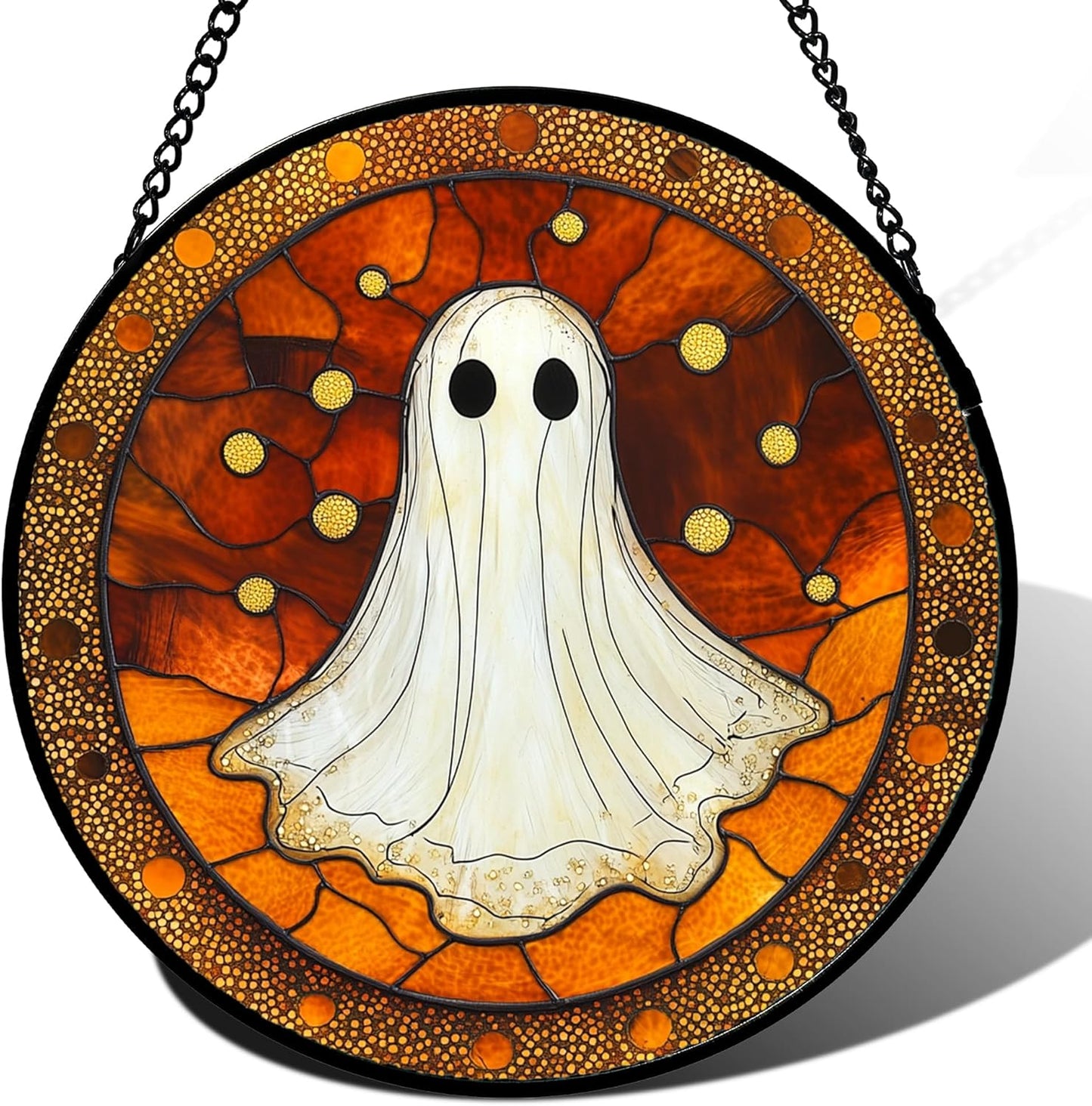 Stained Glass Window Hanging - Halloween Decorations White Ghost Suncatcher for Doors Garden Indoor Spooky Funny Orange Sun Catchers Gothic Decor Horror Gifts for Women Men Friend 6.3 in