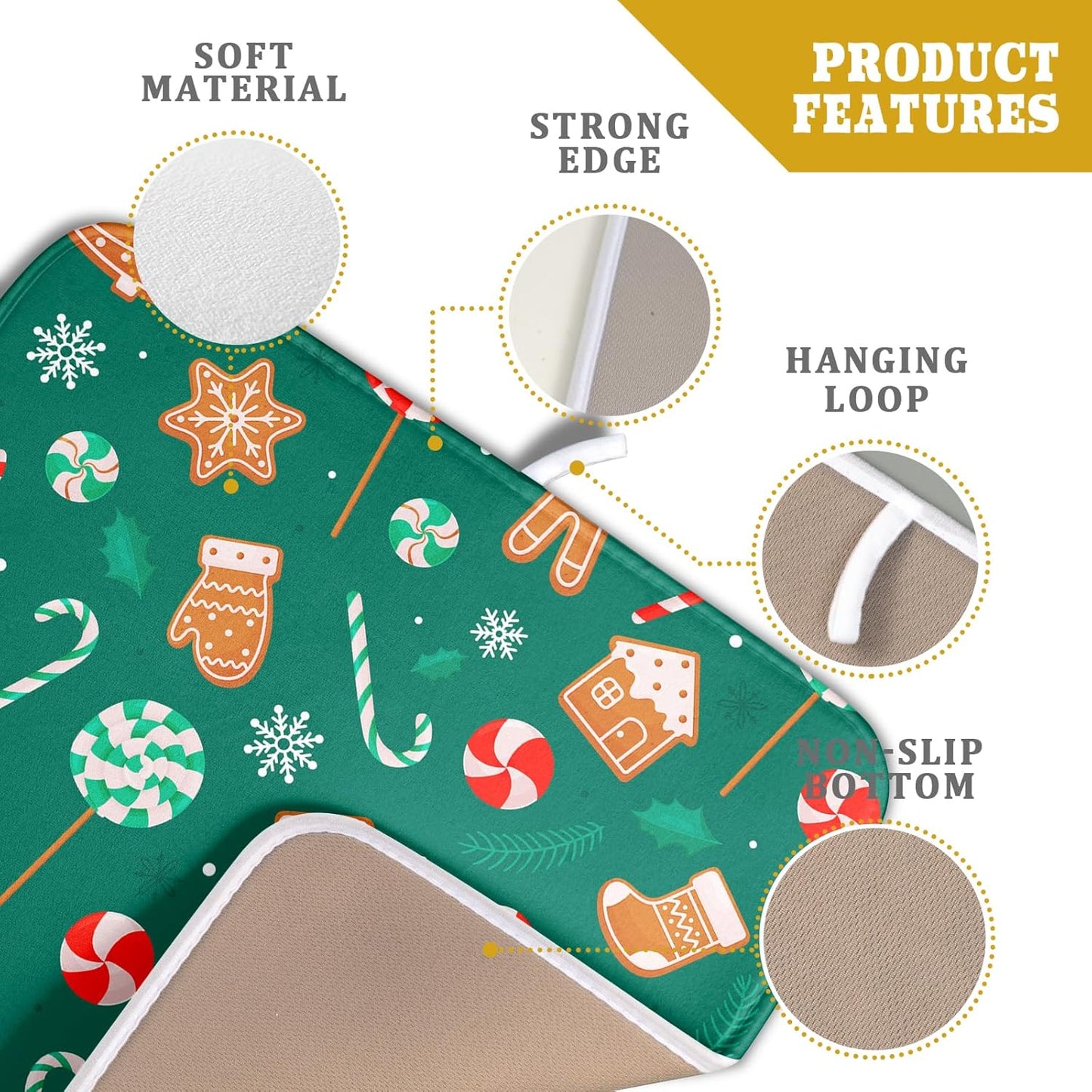 Gingerbread Dish Drying Mat for Kitchen Counter Holiday Green Super Absorbent Reversible Microfiber Kitchen Countertop Protector Dishes Pad Small 16x18 inch