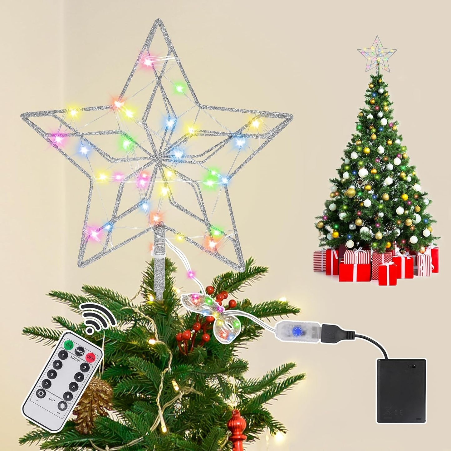 Christmas Tree Topper,50 LED Lighted Sparkling Star Tree Toppers Christmas Decorations,8 Lighting Modes Silver Star Xmas Decoration With Remote Control And Extra Battery Box,Glitter Christmas Ornament