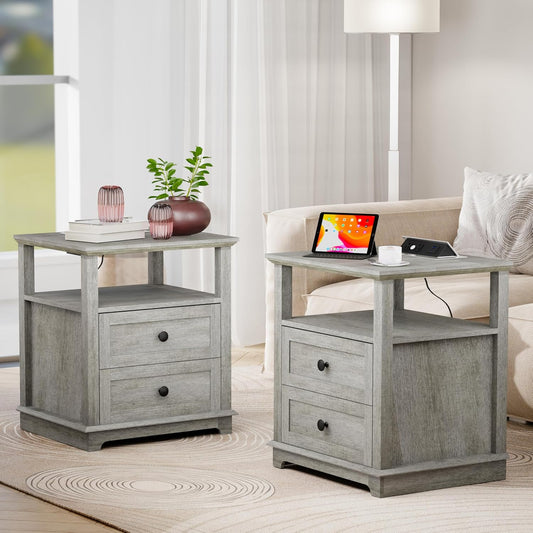 HIFYOBRO Large End Table Set of 2, 2 Drawers and Hidden Charging Station, Type-C & USB Port & Power outlets, Wooden End Table, Side Table with Storage for Living Room and Bedroom