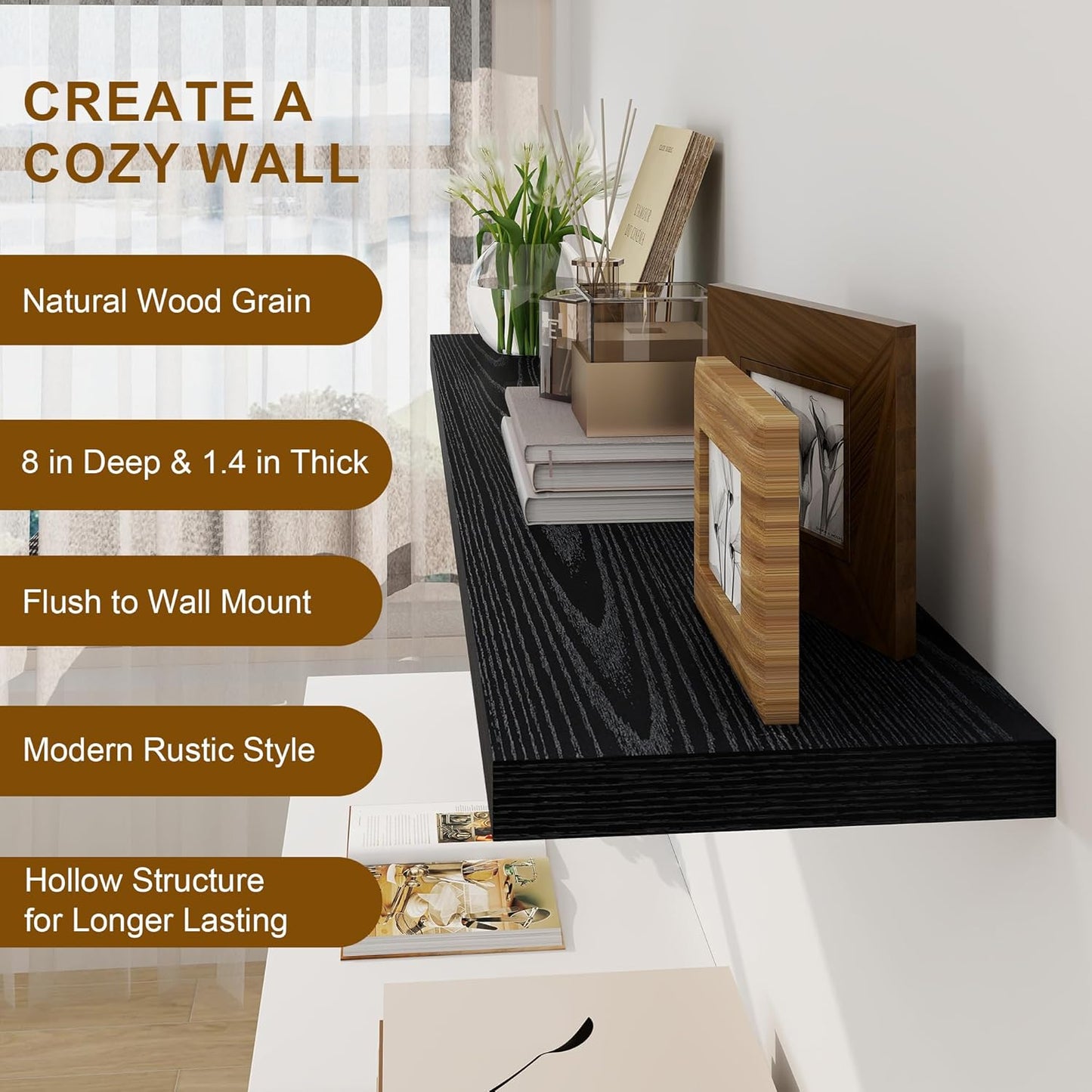 Black Floating Shelves 48 Inch Long, 8 Deep Floating Shelves for Wall, Rustic 48" Long Fireplace Mantel, Large 48 x 8 Wall Shelves for Bedroom, Living Room, Bathroom, Black Deep Shelves Set of 1