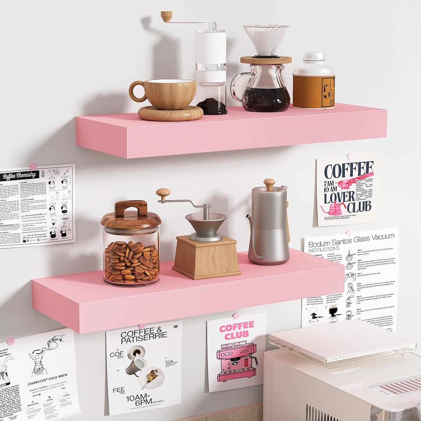 BAMEOS Pink Floating Shelves for Wall, 16" x 6" Wall Shelves for Room, Floating Book Shelves, Hanging Shelves for Bedroom, Bedroom, Living Room, Kitchen (Set of 2)