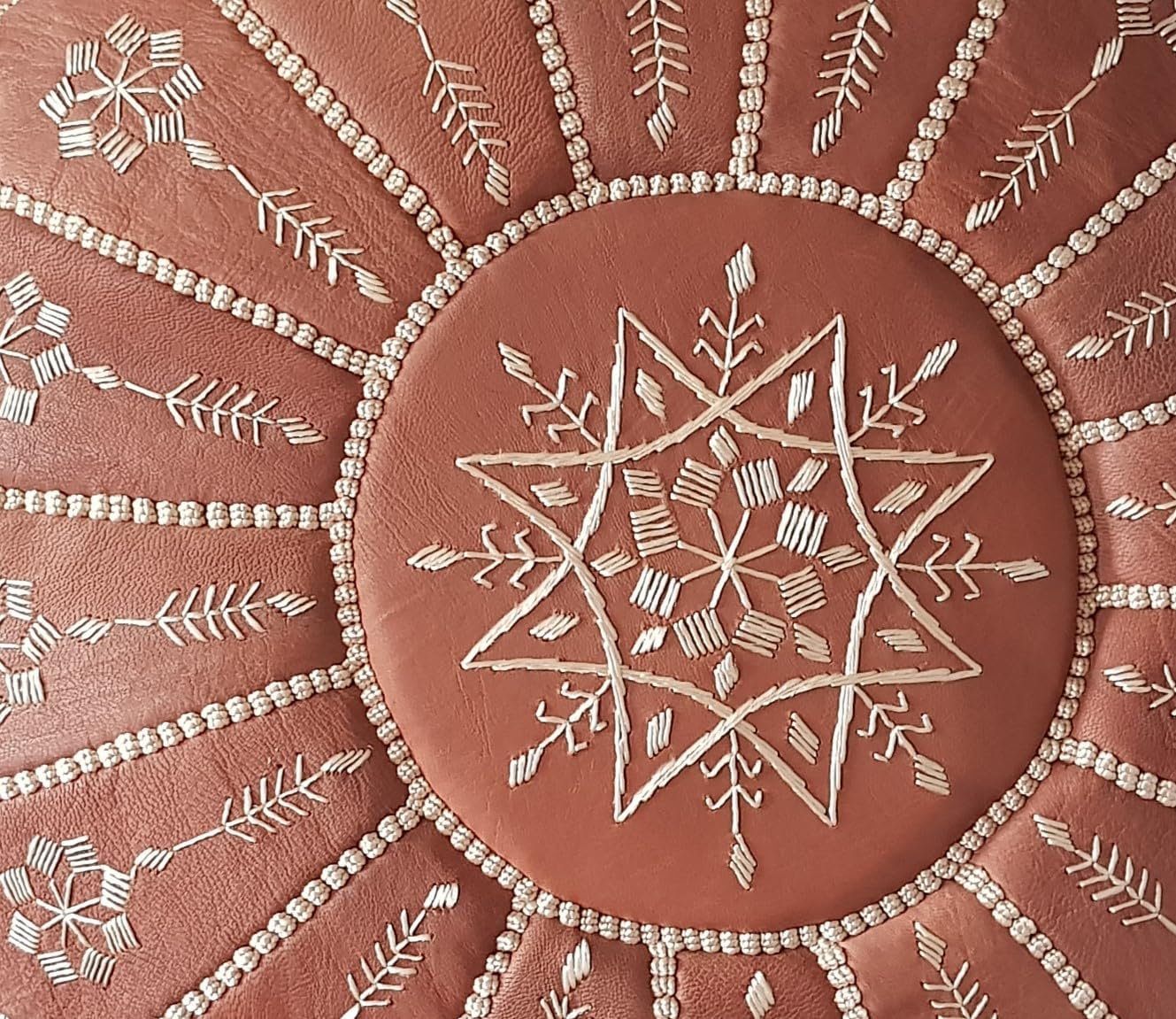 Stuffed Arch Design Moroccan Leather Pouf Ottoman, Handmade, Pre-Filled, 100% Genuine Leather, 14” Height x 22” Diameter – Boho Chic Footstool & Living Room Décor (Brown)